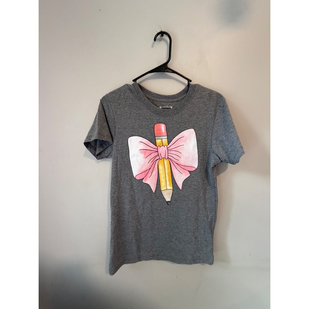Isaac Morris IML Womens Gray Pencil Pink Bow Graphic T-Shirt Small Teacher Art